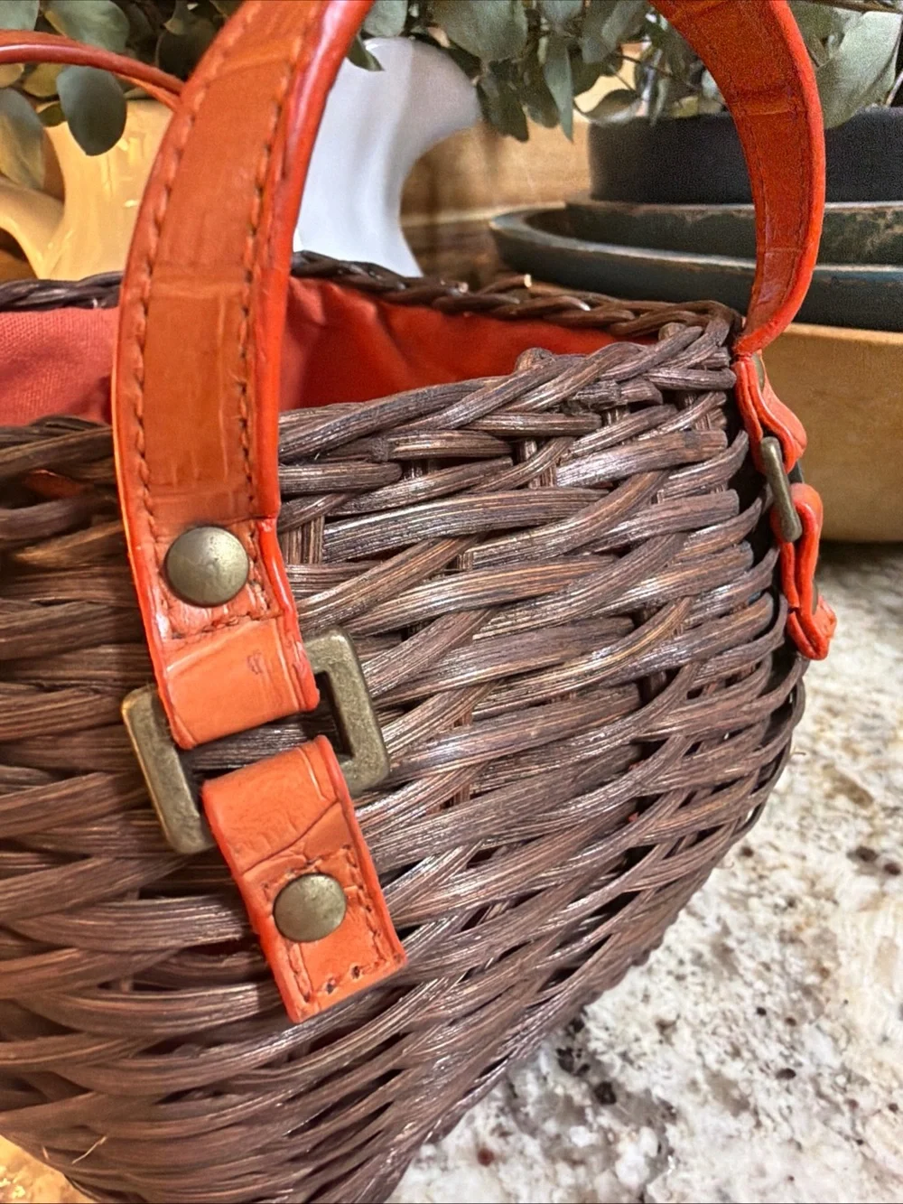 Wicker Basket Orange Cloth Lining Leather Straps Brass Hardware Small Decor